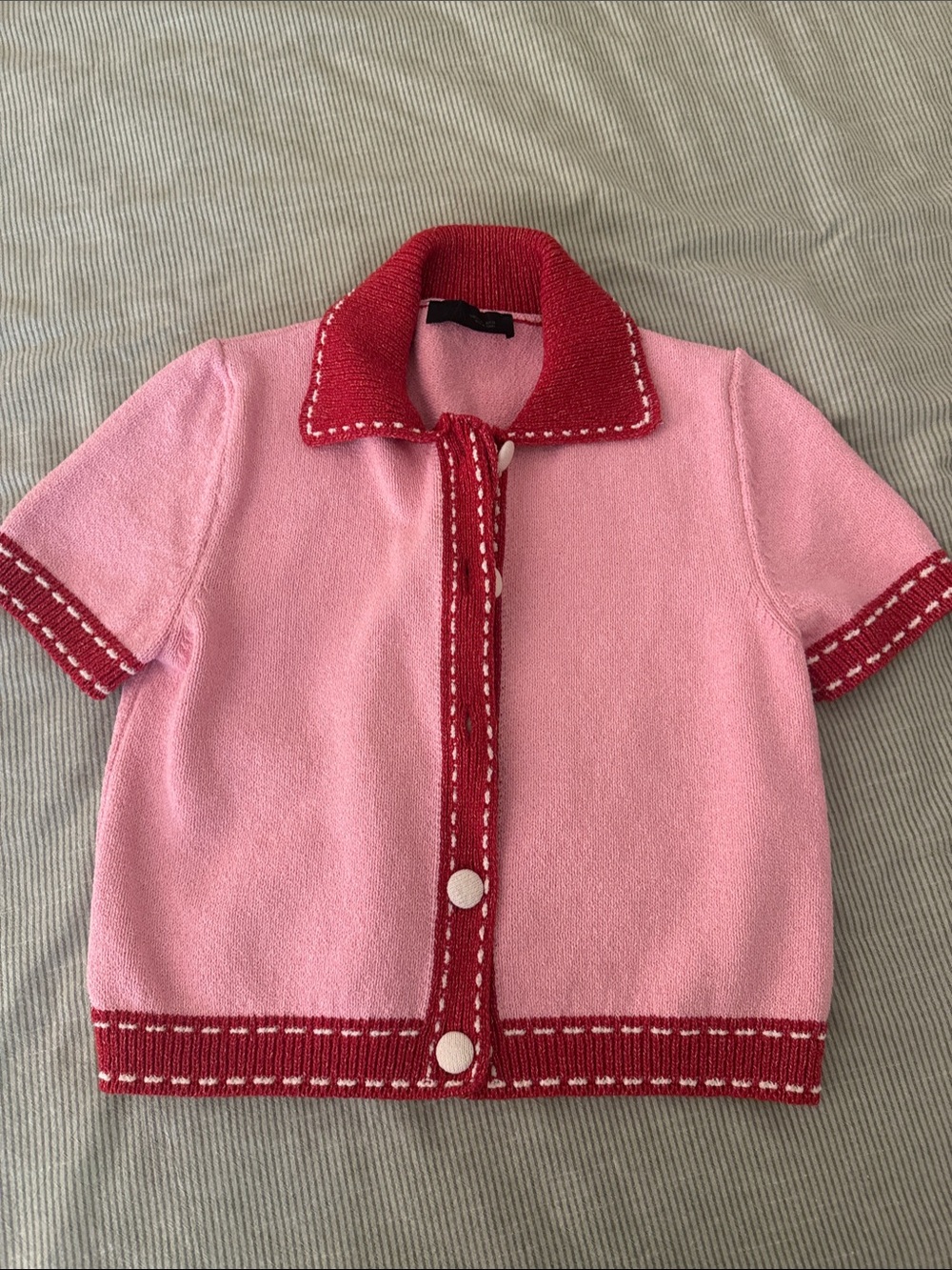 Zara Pink Knit Short-Sleeve Cardigan Top with Red Trim - Small